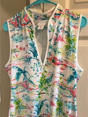 Sigrid Olsen White Tennis/Golf Dress with Teal, Pink & Lime Tropical Print